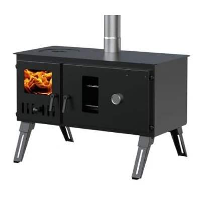 Image of DWD® &quot;Galloway&quot; Camping Stove Outdoor Portable Wood Log Burner Double Oven Stove/Cooking Hob with Flue, Spark Cap,Oversized Heat Resistant Glass Windows on Fire Box, Nylon Carry Bag, Gloves