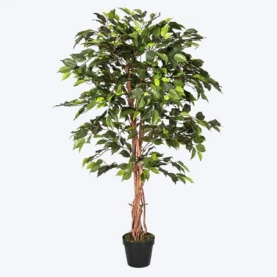 Image of HOMESCAPES 4 Feet Green Ficus Tree With Real Wood Stems and Lifelike Leaves Replica Artificial Plant