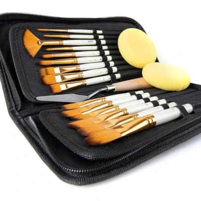 Image of Artify 15 pcs Paint Brush Set for Acrylic Oil Watercolor Gouache Painting Includes Pop up Carrying Case with Palette Knife and 2 Sponges, Pearl White