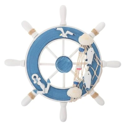 Image of WINOMO Wooden Ship Steering Wheel with Fishing Net Anchor Seagull Nautical Wall Hanging Decoration,Blue, White,23 x 23 2 cm; 189 Grams