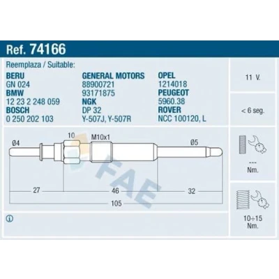 Image of 1214018 Glow plug FAE 74166 11V M10x100 BMW: X5, 7, 3 Saloon, LAND ROVER: Freelander I Off Road, Range Rover 3, 75 Tourer