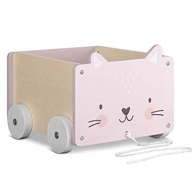 Image of Navaris Kids Toy Box Cat Wooden Chest for Childrens, Boys, Girls Toys with Wheels Unisex Children and Games Bedroom Storage Trunk 18M+