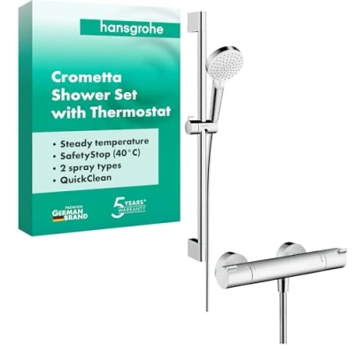 Image of hansgrohe Crometta shower set with thermostat Ecostat 1001 CL, head, bar 65cm, hose 160cm and head holder, hand 2 sprays, chrome, 27812400
