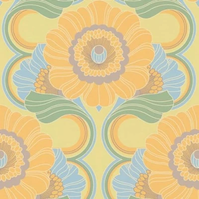 Image of 70&#039;s Retro Floral Chic Wallpaper Blue Green Orange Flowers Textured Trendy Stylish Paste The Wall