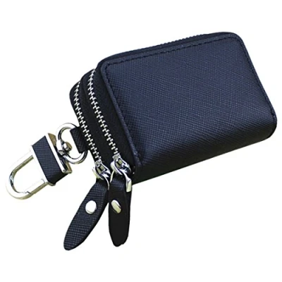 Image of Esdrem Unisex Genuine Leather Key Case Holder Double Zipper Car Keychain Wallet Coin Purse Black