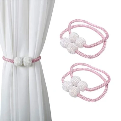 Image of Magnetic Curtain Tie Backs, Clips Rope Holder Buckles Small Bead Buckle Holders for Home Office Hotel Window Decoration (4 PACK, Pink)