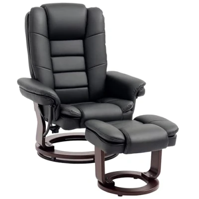 Image of HOMCOM Manual Recliner and Footrest Set PU Leather Leisure Lounge Chair Armchair with Swivel Wood Base, Black