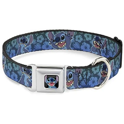 Image of Dog Collar Seatbelt Buckle Stitch Expressions Hibiscus Collage Green Blue Fade 18 to 32 Inches 1.5 Inch Wide