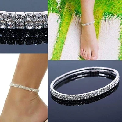 Image of TR.OD Stretchable Elastic Full Rhinestone Anklet Ankle Foot Jewelry Barefoot Bracelet Bangle 2 Layer