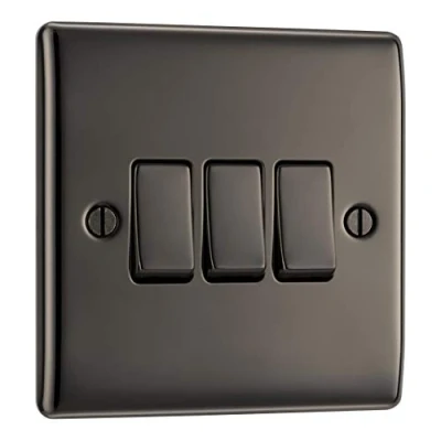 Image of BG Electrical Triple Wall Light Switch, 2 Way, Raised and Slim Profile, Round Edges, Nexus Metal, Black Nickel, 20A, 16AX, NBN43