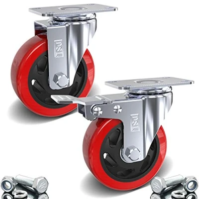 Image of DSL 2 x Heavy Duty 1 Castor + Braked Double Bearing 100mm Rubber Swivel Wheel Trolley Furniture Caster 350KG Free Fitting