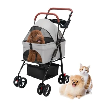 Image of cadciehe Pet Stroller, Folding Dog 4 Wheels Dog/Cat Puppy Travel Carrier for Small/Medium with Storage Basket and Cup Holder 1 Set
