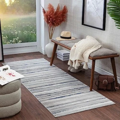 Image of Livabliss Bruges Abstract Rug Runner Rugs Living Room 80x220 cm, Hallway, Dining Area Modern Marble Rug, Soft Luxurious Easy Care Medium Pile Large Grey, Ivory and Navy Blue