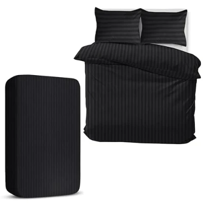 Image of MOONLIGHT20015 Double Duvet Set 4 Piece Satin Stripe Cover Sets Soft Brushed Microfiber Bedding with Fitted Sheet &amp; 2 Pillow Cases (Black, 200x200 cm)