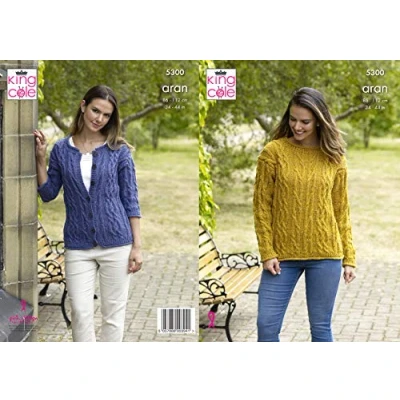 Image of King Cole 5300 Knitting Pattern Womens Cable Sweater and Cardigan in Big Value Aran