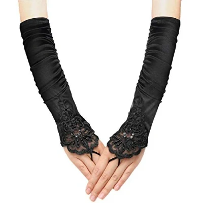 Image of QincLing Long Lace Gloves, Black Elbow Fingerless Gloves Satin Wedding Bridal 1920s Flapper Length Bride Fancy Dress Opera for Christmas Women