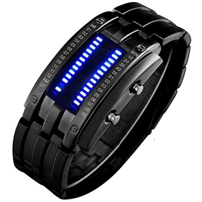 Image of Mens Creative Binary Digital Watches Unique Matrix LED Watch Futuristic Cool Stainless Steel Wrist Watch, Black, Fashion