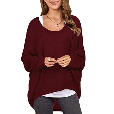 Image of ZANZEA Sexy Women Loose Solid Irregular Long Sleeve Baggy Jumper Casual Tops Blouse T Shirt Wine Red L