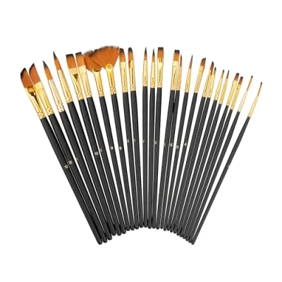 Image of Relaxdays Brushes, 25 Piece Set, Acrylic, Oil &amp; Watercolours, Hobby School, Nylon Bristles, Painting, Natural, Wood, 21.5 x 4 1 cm