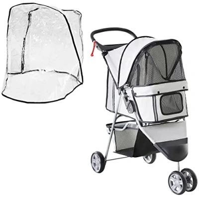 Image of PawHut Dog Stroller with Cover for Small Miniature Dogs, Folding Cat Pram Pushchair Cup Holder, Storage Basket, Reflective Strips, Grey