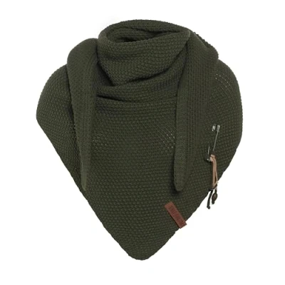 Image of Knit Factory Coco Knitted Shawl Triangle scarf Women Khaki winter 190x85 cm Manufactured in Europe Ladies Including decorative pin