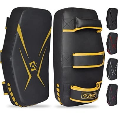 Image of AQF Thai Pads for Kickboxing Muay Pad with Solid Handle Grip, Maya Hide Leather Curved Strike Shield Boxing MMA Martial Arts Taekwondo, Training Combat Sports Knees Elbows Kicks &amp; Punches