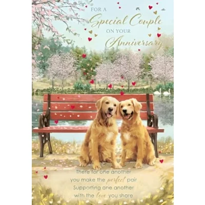 Image of Noel Tatt &#039;Special Couple&#039; Anniversary Congratulations Card Dogs at the Park with Cherry Blossom Eco Friendly and Recyclable Made in England