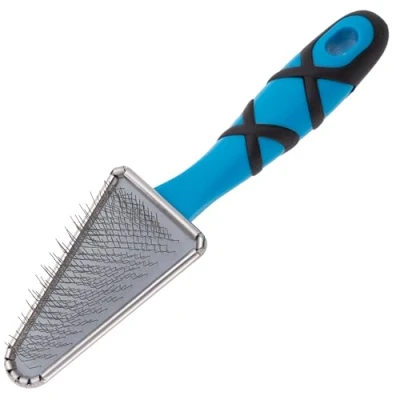 Image of GROOM PROFESSIONAL Triangle Soft Slicker Dog Brush Grooming Ideal for those Hard to Reach Areas Comfort Handle Relieving Hand Stress Blue Design