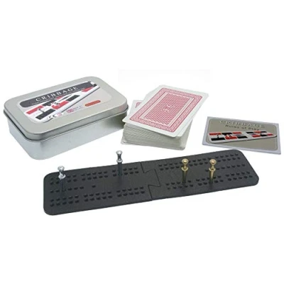 Image of Brimtoy Travel/pocket cribbage board in tin with playing cards and pegs
