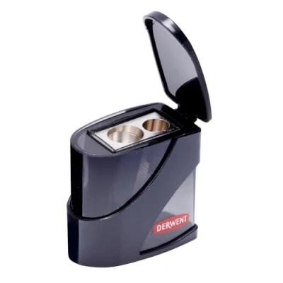 Image of Derwent Twin Hole Pencil Sharpener with Container, Double for Artist Sketching Pencils &amp; Colouring Pencils, Two Sizes 11.5 8.25mm, Strong Metal Sharpeners, Black, 2306123