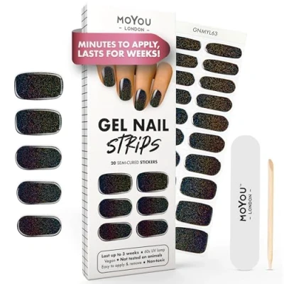 Image of MOYOU LONDON Semi Cured Gel Nail Strips 20 Pcs. Wraps for Salon Quality Manicure Works with Any UV Lamp Easy to Apply, Trim, &amp; Remove Stickers