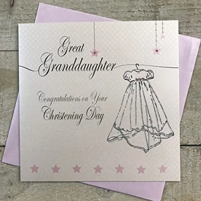 Image of White Cotton Cards Great Granddaughter Christening Card, Gown, Pink Handmade LL233 GGD,White / Cream,16cm x 16cm