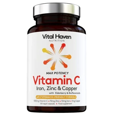Image of Complex Action Formula: Non Acid Vitamin C + Iron Zinc Copper Calcium with Citrus Bioflavanoids and Elderberry for Maximum Absorption Vegan Premium Ingredients Made in The UK