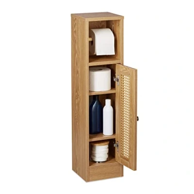 Image of Relaxdays Bathroom Cabinet, Toilet Roll Holder, Free standing, Wooden, Storage, Cupboard, HxWxD: 80x20.5x21 cm, Brown, Fibreboard, Plastic, 80 x 20.5 21 cm