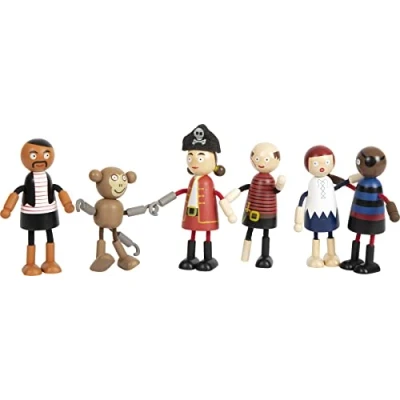 Image of small foot Wooden Bending Dolls, 5 Pirates and 1 Monkey, richly Detailed Flexible, Ages 3+ Years, 12412 Toys