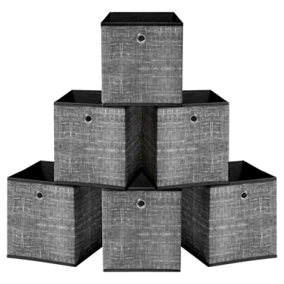 Image of HEFTMAN Foldable Storage Cube Boxes Set of 6 Grey &amp; Black Fabric with Grommet Handle, Space Saving for Clothes, Toys, Books (33 x 33 cm Grey/Black)