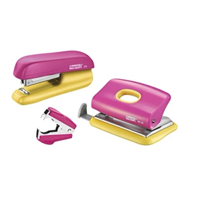 Image of Rapid F5 Mini Stapler, FC10 Hole Punch and Staple Remover Set, 10 Sheet Capacity, Staples Included, Metal Plastic, Pink/Yellow, 5000371