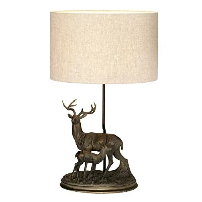 Image of Table Lamp Stag &amp; Fawn Statuette Natural Hessian Shade Bronze Patina LED E27 40w Bulb
