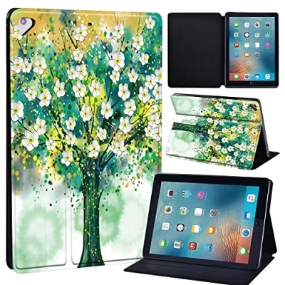 Image of Leather slim lightweight Stand Cover Folio Case for Apple New iPad 9.7 2018 2017(6th Gen, 5th Gen)/iPad Air 2/iPad Air/iPad Pro Tablet with Auto Wake/Sleep (flower tree paint)