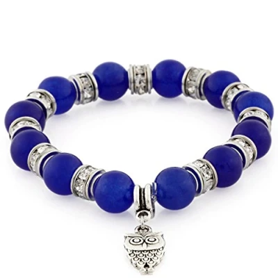 Image of Morella Women&#039;s Bracelet Elastic with Owl Pendant and Stone Beads Blue