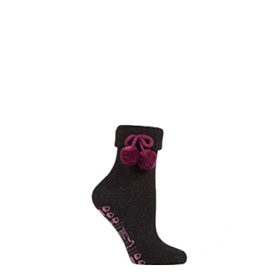 Image of Elle Ladies Wool Mix Slipper Socks with Pompoms Pack of 1 Black/Purples 4 8