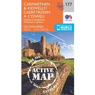 Image of Carmarthen &amp; Kidwelly/Caerfyrddin a Cydweli Map Weatherproof Pendine Laugharne/Pentywyn Lacharn Ordnance Survey OS Explorer Active 177 Wales Walks Hiking Maps Adventure