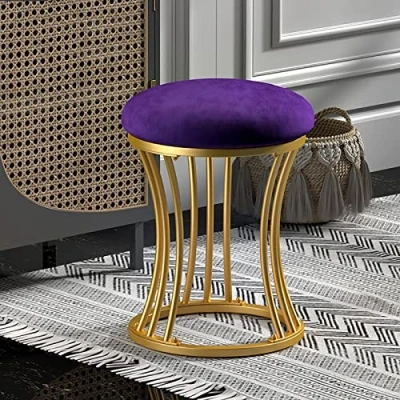 Image of Round Footstool, Metal Legs Dressing Table Stool with Anti Slip Foot Pads, Vanity Ottoman Pouffe for Living Room, Bedroom,Purple