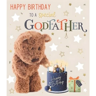 Image of Godfather Birthday Card Special Barley Bear Design Teddy and Cake Finish Illustrated Insert Leaf Made in the UK Eco Friendly