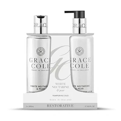 Image of Grace Cole White Nectarine &amp; Pear Body Care Duo Gift Set 2x300ml Essential Oils Vegan Made In England