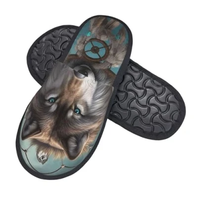 Image of HerfsT 3d Wolf Dream Catcher Print Furry Slippers For Women Men Fluffy Memory Foam Winter Plush House M