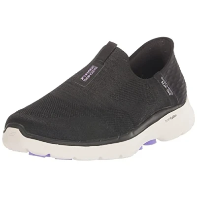 Image of Skechers Women&#039;s GO Walk 6 Fabulous View Sneaker, Black Textile/Lavender Trim, 4 UK