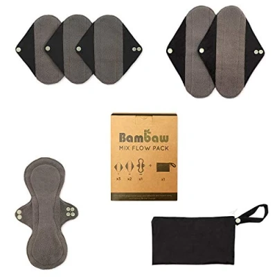 Image of Reusable Sanitary Towels with Discreet Pouch Mix Set Zero Waste and Environmentally Friendly Pads Wings Eco Products for Women Bambaw