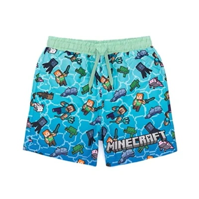 Image of Minecraft Swim Shorts for Boys Blue Green OR Creeper Options Kids Teens Steve Alex TNT Explosive Characters Gamer Swimming Pants Trunks