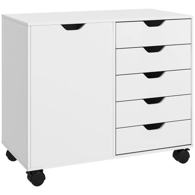 Image of HOMCOM Lateral Filing Cabinet, 5 Drawers File Cabinet with Door and Adjustable Shelf, Mobile Office Storage on Wheels, Printer Stand for Home Office, White